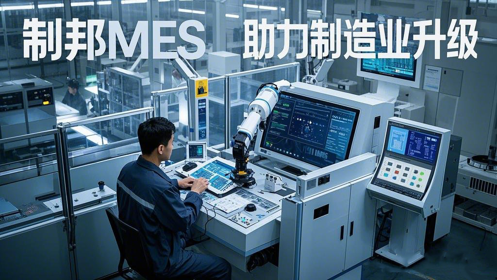 主題為 “制邦MES 助力制造業(yè)升級(jí)”。畫面呈現(xiàn)出一個(gè)現(xiàn)代化的智能工廠，車間里機(jī)械臂有序地工作，在工廠的中控室里，大屏幕上展示著生產(chǎn)數(shù)據(jù)和制邦MES的數(shù)據(jù)分析圖表，一位工程師正在通